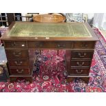 REPRODUCTION MAHOGANY PEDESTAL DESK WITH TOOLED GREEN LEATHER TOP, 122 X 60 X 78CMS