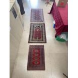 THREE PERSIAN PRAYER RUGS, TWO OF WHICH ARE BOKHARA PATTERN, THE LARGEST 134 X 88CMS