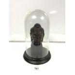 A REPRODUCTION BUDDHA'S HEAD UNDER A GLASS DOME