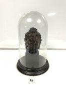 A REPRODUCTION BUDDHA'S HEAD UNDER A GLASS DOME