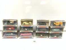 TWELVE DINKY MATCHBOX TOY CARS IN BOXES - 1955 BENTLEY R CONTINENTAL AND 1951 VOLKSWAGON ETC