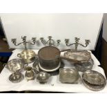 PAIR OF PLATED CANDELABRA, OTHER PLATED WARES AND A HEAVY COPPER SAUCEPAN AND LID