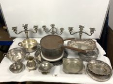 PAIR OF PLATED CANDELABRA, OTHER PLATED WARES AND A HEAVY COPPER SAUCEPAN AND LID