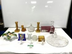 ORREFORS GLASS CANDLESTICK IN ORIGINAL BOX, GLASS CHEESE BOARD, COLOURED GLASS CLOCK AND OTHER