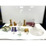 ORREFORS GLASS CANDLESTICK IN ORIGINAL BOX, GLASS CHEESE BOARD, COLOURED GLASS CLOCK AND OTHER