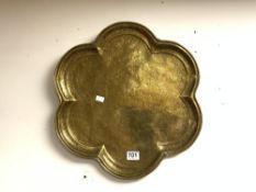 ANTIQUE BURMESE HEAVILY ENGRAVED SHAPED BRASS TRAY, 49CMS
