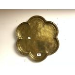 ANTIQUE BURMESE HEAVILY ENGRAVED SHAPED BRASS TRAY, 49CMS