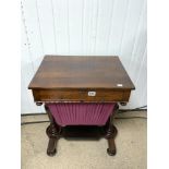 WILLIAM IV MAHOGANY SEWING TABLE ON TURNED END SUPPORTS, WITH SINGLE DRAWER, 56 X 43 X 72CMS