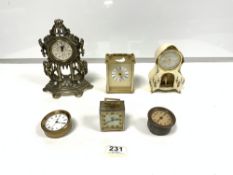 THREE GERMAN DESK CLOCKS, CARRIAGE CLOCK, CAR CLOCK, AND MATTHEW NORMAN CLOCK