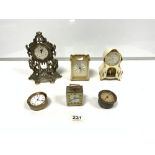 THREE GERMAN DESK CLOCKS, CARRIAGE CLOCK, CAR CLOCK, AND MATTHEW NORMAN CLOCK