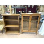 DWARF OAK OPEN BOOKCASE AND GLAZED OAK BOOKCASE, 83 X 110CMS AND 86 X 113CMS