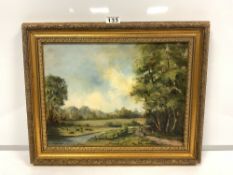 OIL PAINTING - RIVER LANDSCAPE WITH CATTLE GRAZING, 40 X 29CMS D. K. WILSON