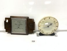 ART DECO CIRCULAR ONYX AND CHROME MANTLE CLOCK AND A 1940S OAK WALL BAROMETER
