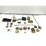 FABERGE STYLE EGG ON STAND, PORCELAIN PILL BOXES, TWO POCKET WATCHES, PAIR BRAT PACK CUFFLINK ETC