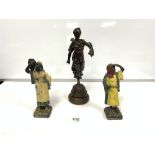 SPELTER FIGURE - LA FORTUNE, 36CMS AND A PAIR OF PLASTER FIGURES OF ARABS