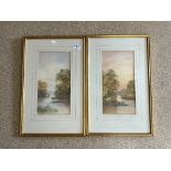 EDWIN LEWIS (1838 - 1907) PAIR OF WATERCOLOUR DRAWINGS - RIVER LANDSCAPES WITH FIGURES IN BOATS,