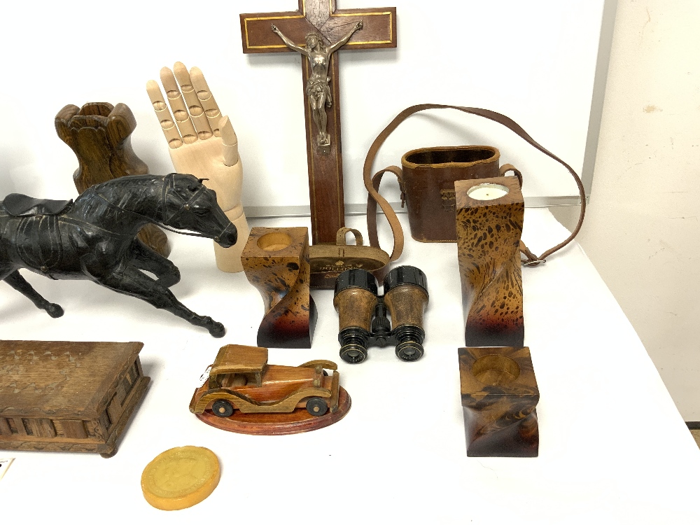 PAIR OF FIELD GLASSES BY DOLLAND - LONDON, A LEATHER MODEL OF A HORSE, A CRUCIFIX AND WOODEN ITEMS - Image 3 of 5