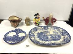 A BLUE AND WHITE MEAT PLATE, ROYAL DOULTON CHARACTER MUG 'DRAKE', JESTAR FIGURE ETC