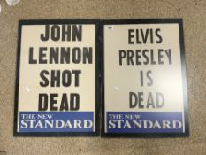 TWO - THE NEW STANDARD POSTER HEADLINES - ELVIS PRESLEY IS DEAD AND JOHN LENNON SHOT DEAD, 45 X