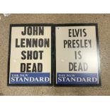 TWO - THE NEW STANDARD POSTER HEADLINES - ELVIS PRESLEY IS DEAD AND JOHN LENNON SHOT DEAD, 45 X