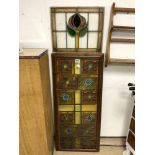 A FRAMED ARTS N CRAFTS LEADED LIGHT WINDOW A/F, 37 X 83CMS AND A SMALLER LEADED LIGHT WINDOW