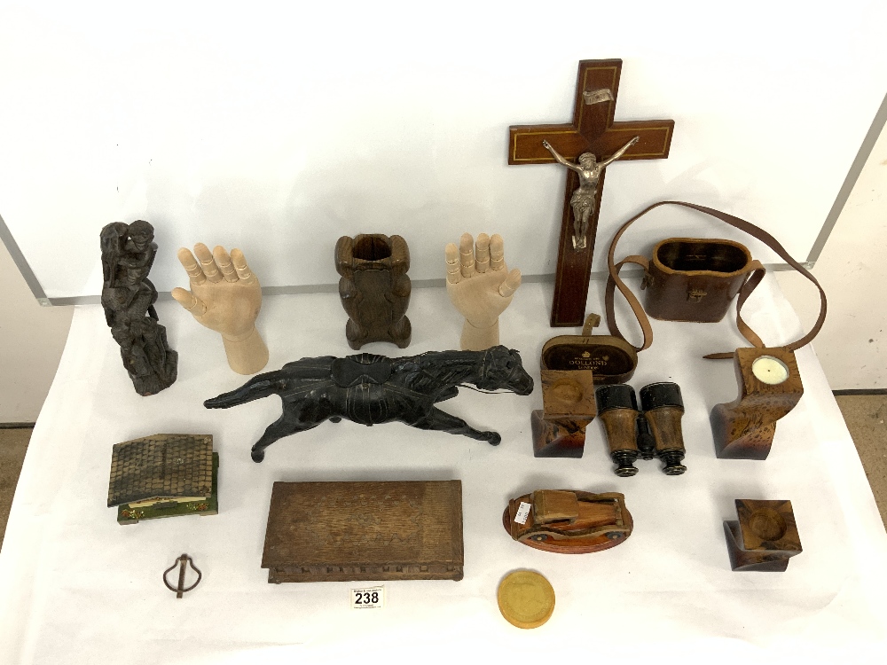PAIR OF FIELD GLASSES BY DOLLAND - LONDON, A LEATHER MODEL OF A HORSE, A CRUCIFIX AND WOODEN ITEMS - Image 2 of 5