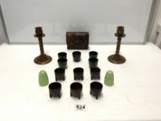 VINTAGE BAKELITE GREEN EGG CUPS, CONDIMENT SETS AND A PAIR OF FAUX TORTOISESHELL CANDLESTICKS