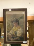 AMY SCOTT (1860-1950), OIL ON BOARD STUDY OF LADY HOLDING FLOWERS 'TIRED OUT' IN AN OAK FRAME SIGNED