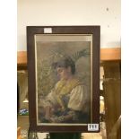 AMY SCOTT (1860-1950), OIL ON BOARD STUDY OF LADY HOLDING FLOWERS 'TIRED OUT' IN AN OAK FRAME SIGNED