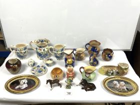 CROWN DEVON FIELDINGS VOUGE VASE, THREE MASONS JUGS, THE TALLEST 16CMS, BESWICK BLUE TIT AND OTHER