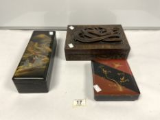 EASTERN CARVED BOX WITH DRAGON IN RELIEF, AND TWO RECTANGULAR LACQUER BOXES