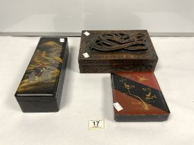 EASTERN CARVED BOX WITH DRAGON IN RELIEF, AND TWO RECTANGULAR LACQUER BOXES