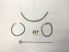 THREE 925 SILVER BRACELETS WITH A WHITE METAL HAT PIN