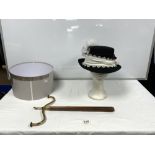 LADIES BLACK KALEIDOSCOPE HAT IN BOX WITH MAHOGANY AND BRASS HAT STAND