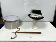 LADIES BLACK KALEIDOSCOPE HAT IN BOX WITH MAHOGANY AND BRASS HAT STAND