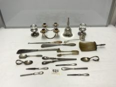 HALLMARKED SILVER HANDLED GLOVE STRETCHERS, BUTTON HOOK, SHOE HORN, BRUSH, AND A DANISH PLATED