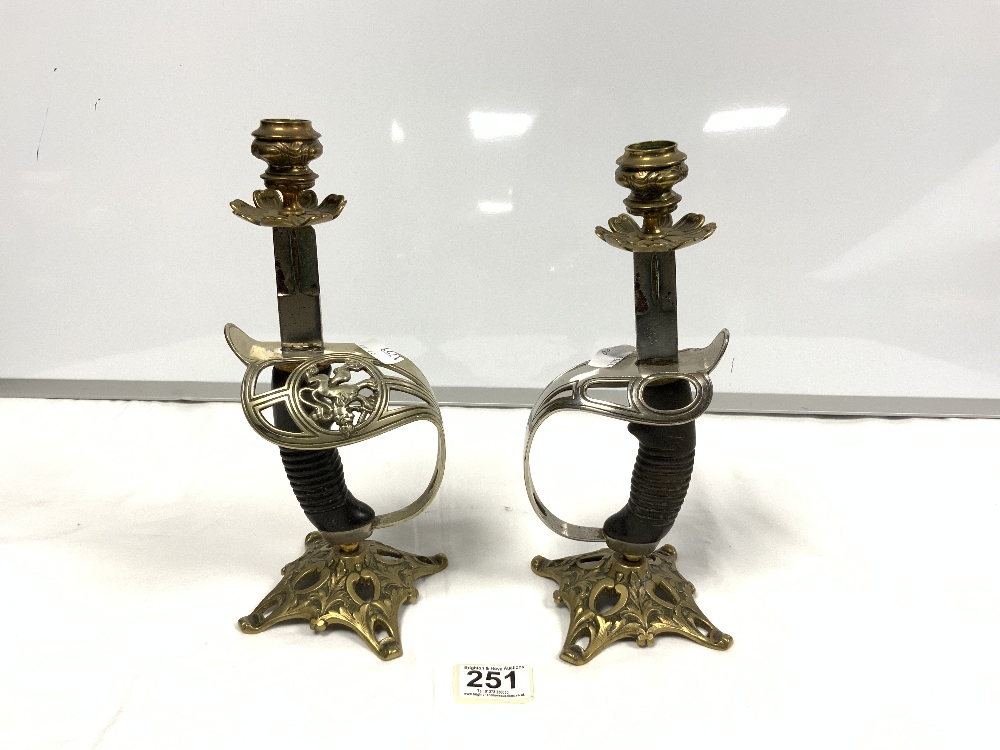 A PAIR OF SWORD GRIP AND GUARD CONVERTED TO CANDLESTICKS, 28CMS - Image 3 of 4