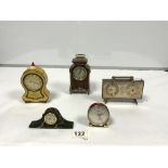 SMALL FRENCH ROSEWOOD MANTLE CLOCK, 15CMS, A 1960S SWIZA DESK CLOCK/BAROMETER, AND THREE OTHER SMALL