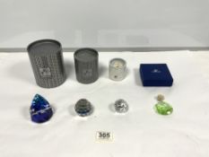 THREE SWAROVSKI SILVER CRYSTAL PAPERWEIGHTS, AND A GREEN PENDANT DECORATION
