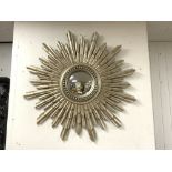 LARGE MODERN SILVER PAINTED STAR BURST CONVEX WALL MIRROR, 104 X 104CMS