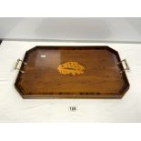YEWOOD SHELL INLAID DRINKS TRAY WITH BRASS HANDLES