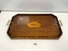 YEWOOD SHELL INLAID DRINKS TRAY WITH BRASS HANDLES