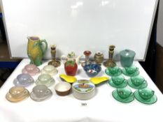 A MAJOLICA CORN JUG, OTHER CERAMICS, TWO BOX SETS, GLASS TEA CUPS, AND SAUCERS