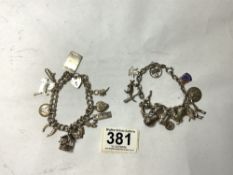 TWO SILVER CHARM BRACELETS WITH 24 CHARMS, 80 GRAMS