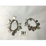 TWO SILVER CHARM BRACELETS WITH 24 CHARMS, 80 GRAMS