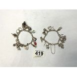 TWO SILVER 925/STERLING CHARM BRACELETS WITH 25 CHARMS, 75 GRAMS