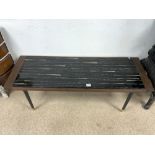 1960S MAHOGANY AND BLACK GLASS COFFEE TABLE WITH PLAQUE UNDER NO 13929, 130 X 47CMS