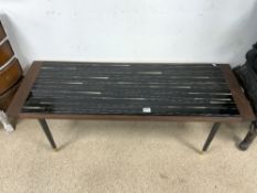 1960S MAHOGANY AND BLACK GLASS COFFEE TABLE WITH PLAQUE UNDER NO 13929, 130 X 47CMS