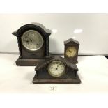 OAK MANTLE CLOCK WITH BARLEY TWIST COLUMNS AND SILVERED DIAL, AND TWO SMALLER OAK MANTLE CLOCKS