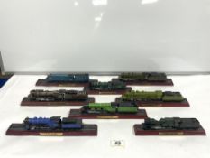 EIGHT MODEL TRAINS ON DISPLAY STANDS INCLUDES PLM PACIFIC, A4 CLASS 'MALLARD' AND SIX OTHERS